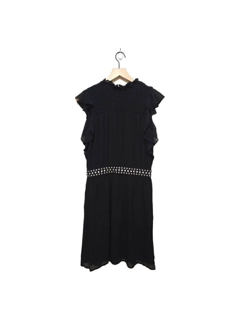 Michael Kors Black Studded Smocked Ruffle Neck Mini Dress Sz S